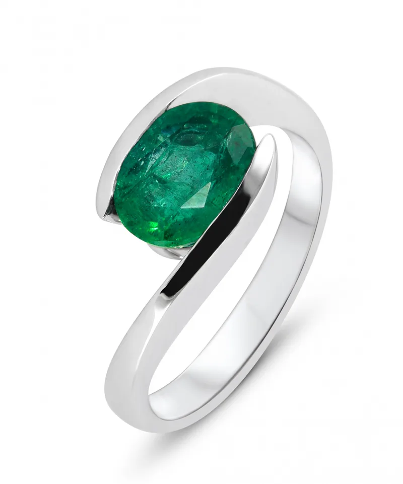Bague Moderne Emeraude Verte Ovale 9x7mm en Or Blanc 750 pour femme - Bijoux Trabbia Vuillermoz
